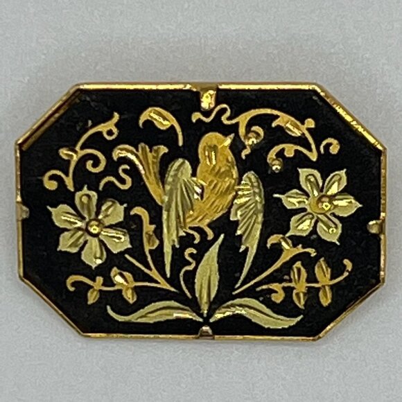 DAMASCENE Vintage Gold and Black Bird and Flowers Brooch / Pin - Picture 1 of 2